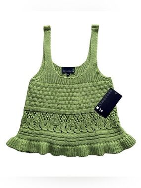 Broadway 38 NWT Green Crochet Knit Tank Top Large Cotton Boho Cottagecore Peplum